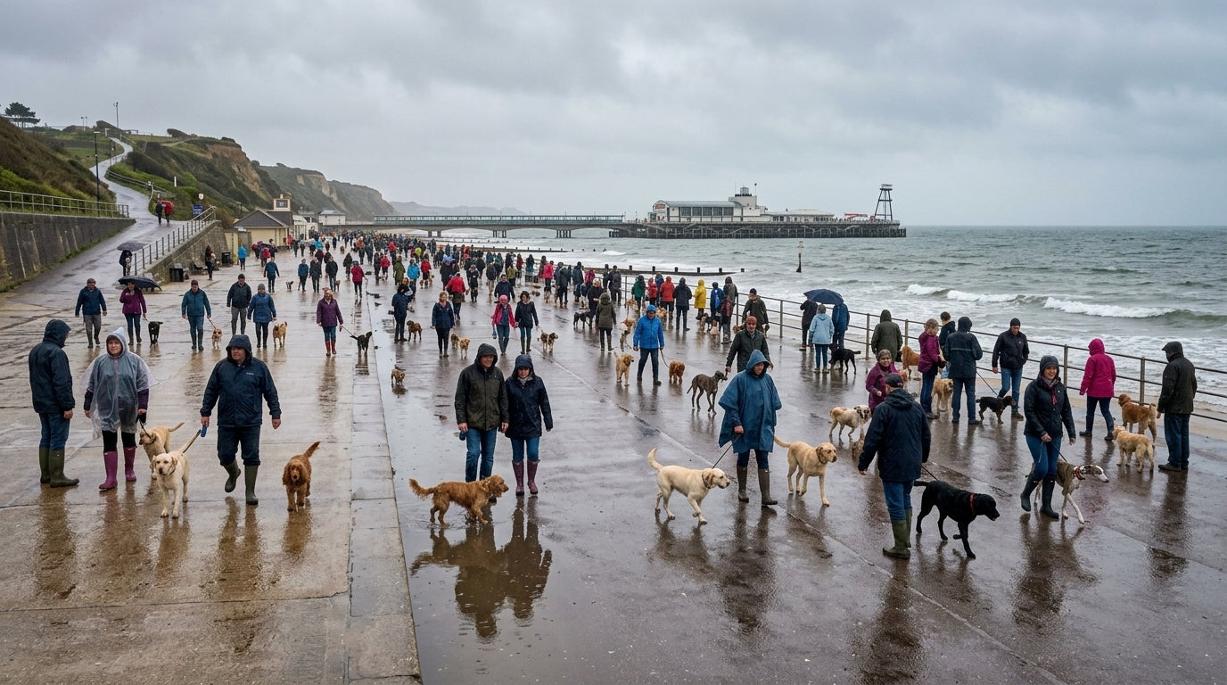 Wide shot of dogs and owners on a wet path, overcast light
