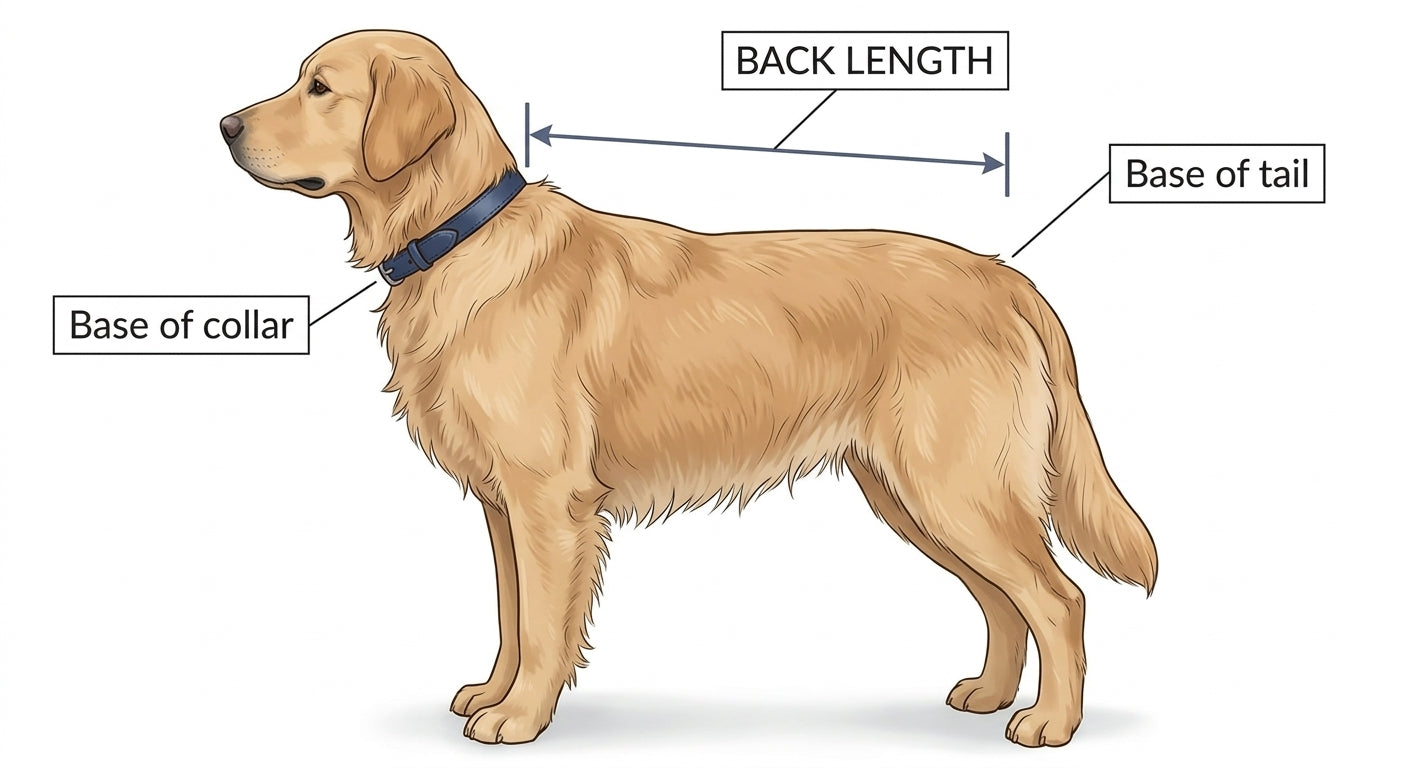 A dog in profile, with an arrow from the base of the collar to the base of the tail, labelled back length